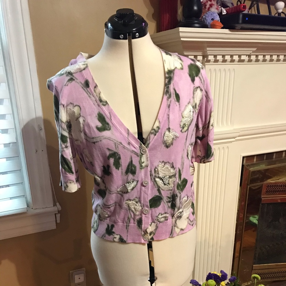Talbots Petite Embroidered Beaded Sweater Cardigan